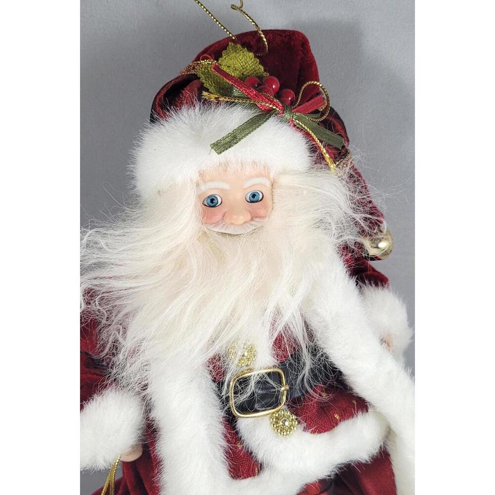 Santa Claus in Burgundy Velvet with Fur Trim and Jingle Bells Ornament